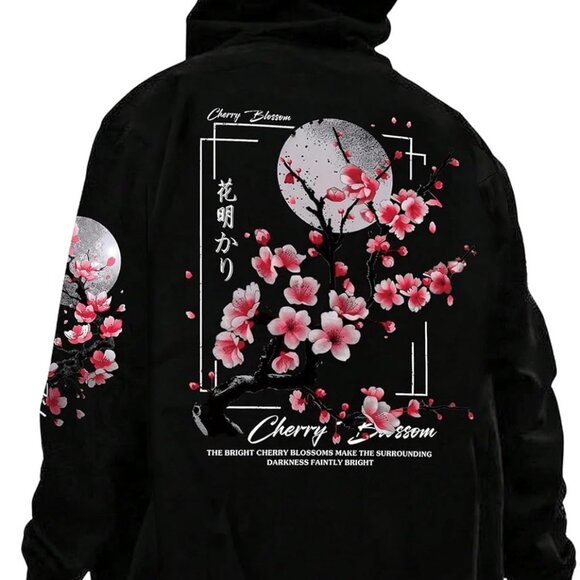 Casual Black Floral Long Sleeve Hoodie - Stylish Anime Sweatshirt for Men